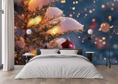 A beautifully decorated Christmas tree stands adorned with red ornaments and glowing lights, surrounded by soft snow. enchanting atmosphere is enhanced by sparkling bokeh in background, evoking warm h Wall mural