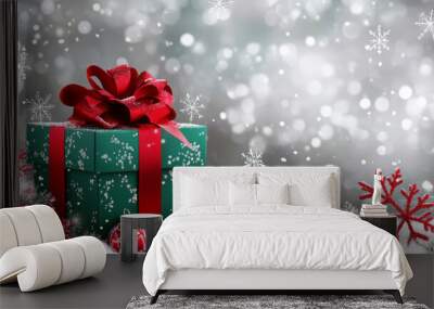 A beautifully wrapped green gift box adorned with red ribbon and bow sits amidst festive decorations, including red ornaments and snowflakes, creating joyful holiday atmosphere Wall mural