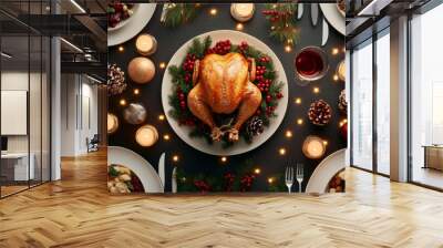 A festive Christmas dinner featuring beautifully roasted turkey at center, surrounded by seasonal decorations like pine branches, berries, and candles. table is elegantly set with plates of delicious Wall mural