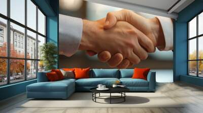 A professional handshake symbolizes agreement and collaboration between two individuals in business setting. This moment captures essence of partnership and trust Wall mural