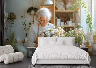 A skilled florist carefully arranges beautiful bouquet of fresh flowers in bright, sunlit shop filled with greenery. warm atmosphere reflects her passion for floral design Wall mural