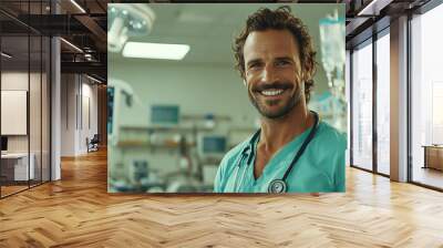 A smiling male nurse in scrubs stands confidently in hospital setting, showcasing warm and approachable demeanor. His presence conveys professionalism and care in medical environment Wall mural