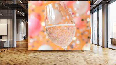 A sparkling glass of champagne stands out against festive background filled with colorful balloons and confetti, creating joyful and celebratory atmosphere Wall mural