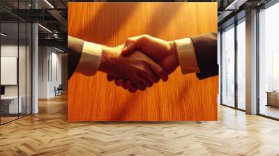 A successful business partnership is symbolized by firm handshake over polished wooden table, reflecting trust and collaboration in professional setting Wall mural