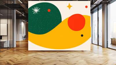 A vibrant abstract illustration featuring green and yellow shape with red and black accents, evoking sense of playfulness and creativity. design includes star like elements, adding whimsical touch Wall mural