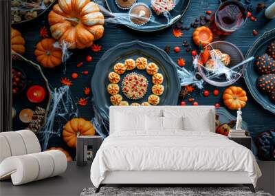 A vibrant Halloween party table is adorned with spooky treats, including decorated cookies, pumpkins, and festive candies, creating fun and festive atmosphere Wall mural