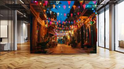 A vibrant street adorned with colorful lights and festive decorations creates joyful atmosphere. charming alleyway is illuminated by bright, hanging ornaments, inviting exploration and celebration Wall mural