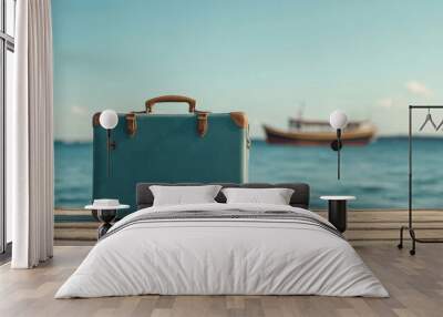 A vintage suitcase rests on wooden dock, evoking sense of adventure and nostalgia. serene blue water and distant boat create tranquil travel atmosphere Wall mural