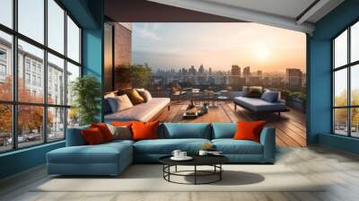 apartment condominium interior design living room and balcony terrace with background of urban city condominium room interior design background,ai generate Wall mural