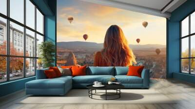 attractive glamour female woman in stylish casual dress cloth standing over the hot air balloons background sunrise happiness travel concept Wall mural