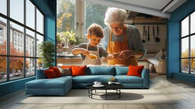 Baking cookies together, joyful grandmother and her grandson share special moment in kitchen, surrounded by sunlight and warmth Wall mural