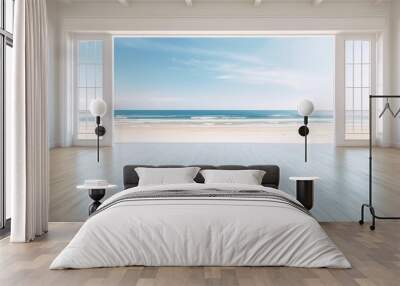 beautiful home interior space with black living room wooden floor with ocean seaside blue sky sea sand beach summer freshness travel season window view house design tropical style,generative ai Wall mural