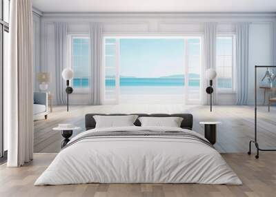 beautiful home interior space with black living room wooden floor with ocean seaside blue sky sea sand beach summer freshness travel season window view house design tropical style,generative ai Wall mural