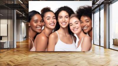 Beauty portrait of a diverse group of beautiful women posing together against a light grey studio background. Wall mural