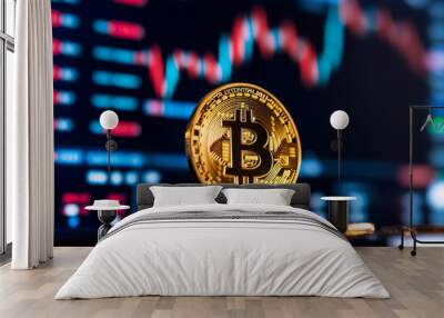 Bitcoin stands prominently in foreground, symbolizing cryptocurrency market, with blurred background of fluctuating stock charts. This image captures essence of digital finance and investment trends Wall mural