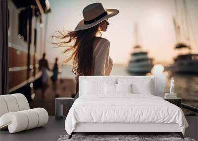 casual summertime woman summer cloth with hat walking near pier lake and yatch port ocean seaside carefree woman solo travel walking near the lake sunset moment travel concept,ai generate Wall mural