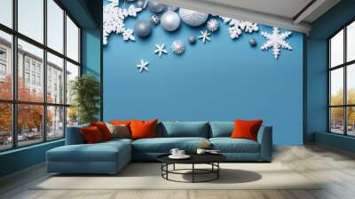 celebrate festive christmas greeting  background topvie flatlay of xmas design tradition ornament with copyspace on blue paprt top background Wall mural