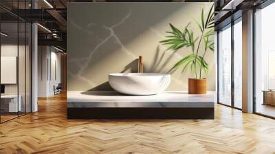 close up restroom counter lavatory top clean white stone wall with treepot leaf and sun light with shade mock up interior backdrop concept home interior design,ai generate Wall mural