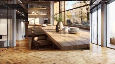 closeup interior design element dining room with wooden dining table with docarative vase and sun light from window morning cosy comfort lifestyle home interior concept Wall mural