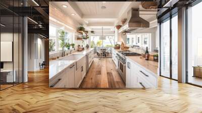 coastal interior design concept dining natural material cosy comfort Woven pendant lights bring a modern coastal feeling to this light and airy kitchen The stylish counter stools are a favorite theme Wall mural