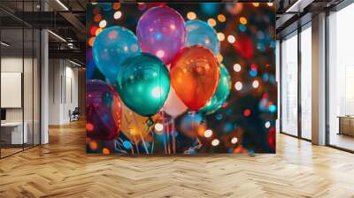 Colorful balloons create festive atmosphere, surrounded by twinkling lights that enhance celebratory mood. Perfect for parties and celebrations Wall mural