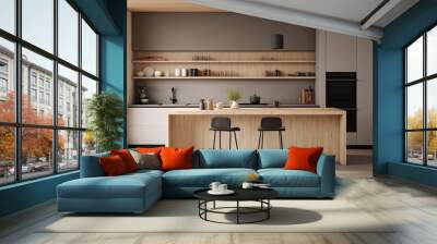 contemporary house design creative decor dining area in natural minimal natural material colour scheme warm and cosy feeling clean and clear space organize house beautiful background,ai generate Wall mural