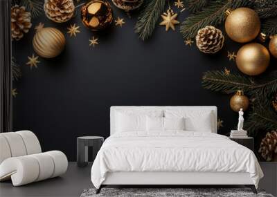 Elegant Christmas decorations featuring golden ornaments, pinecones, and festive greenery create warm holiday atmosphere. Perfect for seasonal celebrations and winter festivities Wall mural