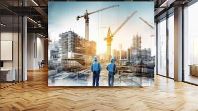 engineering construction infrastructure ideas concept silhouette of business people standing teamwork together multi exposure with industrial building construction in blue and gray color tone Wall mural