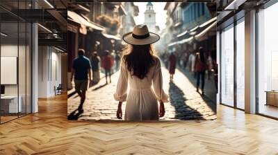 Female casual solo traveller roam alone womna summer casual dress summertime tour walking at famous destination landmark In Europe architecture and heritage city scape vacation travel,ai generate Wall mural