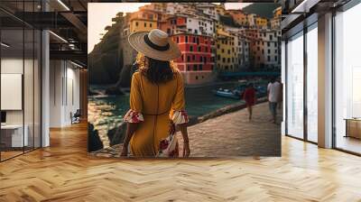 Female casual solo traveller roam alone womna summer casual dress summertime tour walking at famous destination landmark In Europe architecture and heritage city scape vacation travel,ai generate Wall mural