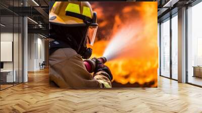 Firefighters work to extinguish fire explode accident Team fightingThey are fire drilling or fire fighting on the road the village or forest fire in the background Wall mural