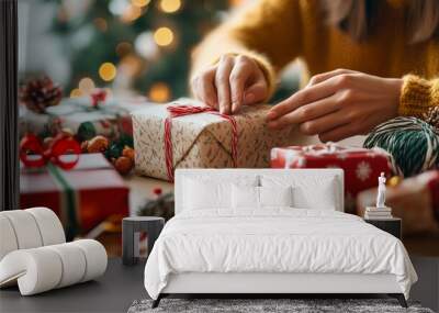 Gift wrapping is joyful activity during holiday season, showcasing beautifully wrapped presents surrounded by festive decorations. warm atmosphere enhances excitement of giving Wall mural