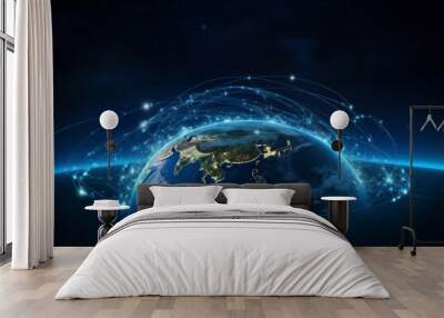 global technology trend inspiring visual of planet Earth suspended in the vastness of outer space, adorned with a sophisticated communication network Wall mural