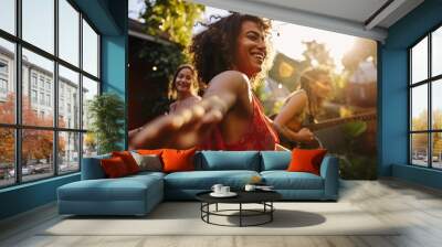 group of lgbtq friend celebrate party relax carefree dancing with happiness and leisure in the garden park home sunset moment,happiness friend cheering free summer party lifestyle together,ai generate Wall mural