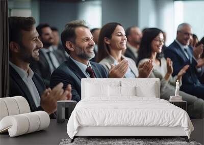 Happy colleagues applauding while sitting in conference event at convention center business people sit together in convention hall listen seminar success clapping happiness,ai generate Wall mural