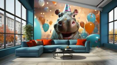 Happy cute animal friendly Hippopotamus wearing a party hat celebrating at a fancy newyear or birthday party festive celebration greeting with bokeh light and paper shoot confetti surround party Wall mural