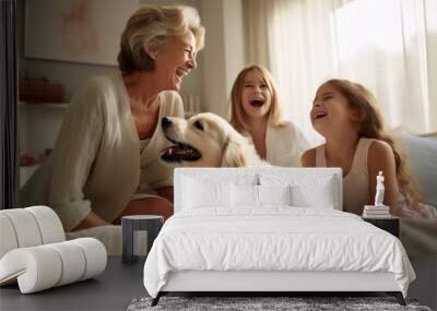 happy family with dog multi generational family playing with dog at home smiling cheerful lovely pet animal dog with owner daytime at home Wall mural