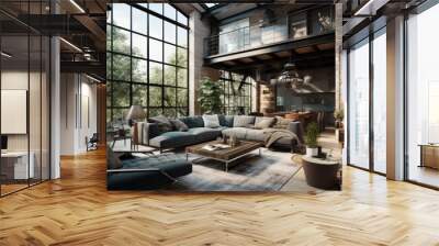 home interior design concept loft interior decorative style living room with double space daylight big window and rustic texture industrial material finish home beautiful,ai generate Wall mural