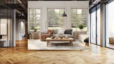 home interior design concept with cosy living room design by farm house scheme concept living room with wooden decorate light from window sofa and comfort ambient atmoshere home design,ai generate Wall mural