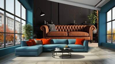 home interior design mock up room concept brown sofa couch with dark colour clean wall backdrop living room in daylight house beautiful,generative ai Wall mural