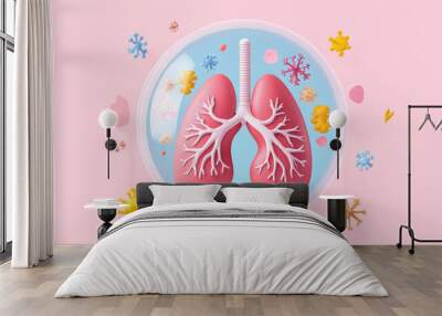 image features stylized representation of human lungs surrounded by colorful microorganisms, illustrating interaction between respiratory system and pathogens. This visual emphasizes importance of lu Wall mural