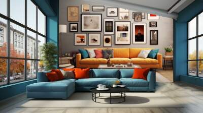 modern creative living room interior design backdrop ideas concept house beautiful background elevation of sofa with decorative photo paint frame full wall background,ai generate Wall mural