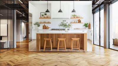 Modern kitchen design features spacious layout with an island, wooden accents, and stylish decor. bright space is enhanced by natural light and greenery, creating warm atmosphere Wall mural