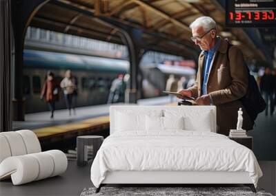 old senior businessman wear suit wating for train while reading news from paper or tablet he is standing on train station paltform daytime transportation concept Wall mural