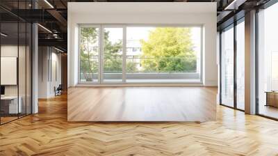 open space plan empty room with wooden floor white wall and daylight  full height window galss with city builing background mock up room interior space background Wall mural