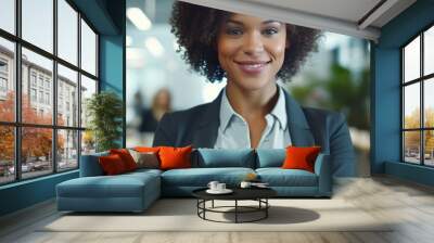 Portrait of confident young woman standing confident positive successful smiling leadership face expression in office. Businesswoman looking at camera. Wall mural