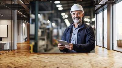 portrait of professional engineer manager inspector in uniform and tablet smile confident in warehouse store distributor factory with happiness at work engineer on site Wall mural