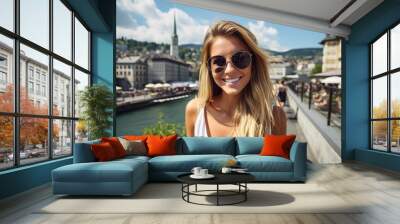 travel concept casual stylish female woman wear sun glasses sight seeing tour in europe city famous travel destination cheerful tousit in beautiful europe city Wall mural