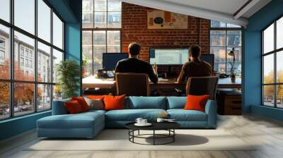 Two individuals work collaboratively in cozy office space, surrounded by large windows and exposed brick walls, creating warm and inviting atmosphere Wall mural