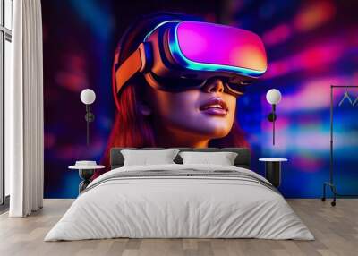 Virtual reality 3d augmented experience exited digital generate person wear vr glasses goggle headset hand gesture touch 3d object in virtual world fun cheerful and remarkable,generative ai Wall mural